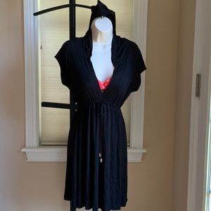 Black Hooded Swim Cover-Up with Drawstring Waist
